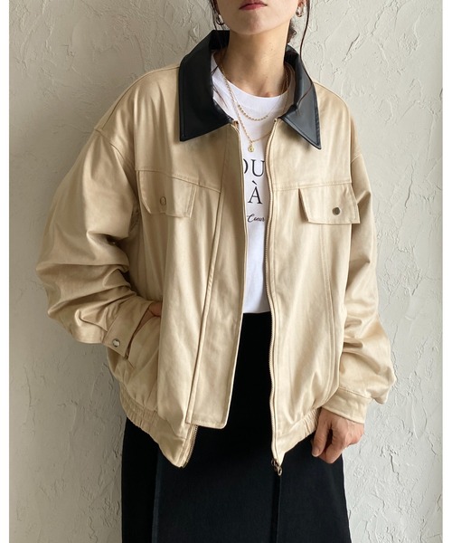 セール】襟異素材切り替えジップアップフェイクスエードブルゾン