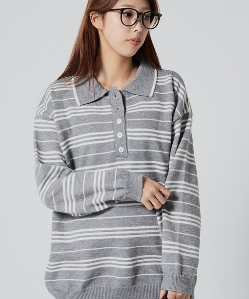 セール】マルチボーダーポロニットトップス（ニット/セーター
