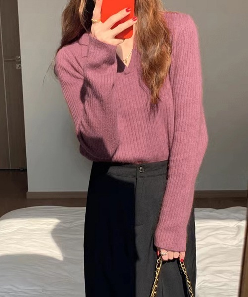 Miniministore(ミニミニストア)の「スキッパーニット韓国風リブニットトップス(ニット/セーター・レディース・ワインレッド/ピンクベージュ/ブラック/アイボリー/テラコッタ/パープル・FREE)」の17枚目の写真