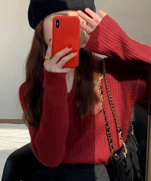Miniministore(ミニミニストア)の「スキッパーニット韓国風リブニットトップス(ニット/セーター・レディース・ワインレッド/ピンクベージュ/ブラック/アイボリー/テラコッタ/パープル・FREE)」の20枚目の写真
