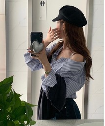 semuse（セミューズ）の「ストライプ柄オフショルダーブラウス（シャツ/ブラウス・レディース）」