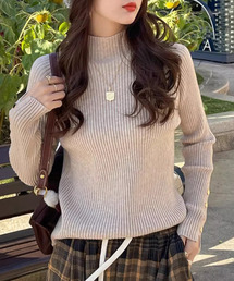 【袖コンシャスな美リブニット】長袖スリットゴールドボタンハイネックニットトップス レディース