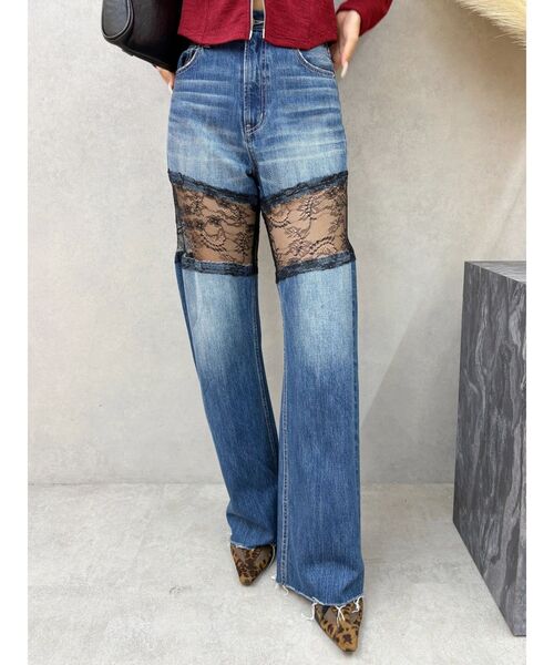 レースドッキングワイドデニムパンツ（デニムパンツ）｜EVRIS