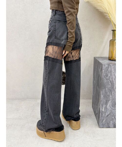 EVRIS大人気完売 新品タグ付き レースドッキングワイドデニムパンツ セール】レースドッキングワイドデニムパンツ（デニムパンツ