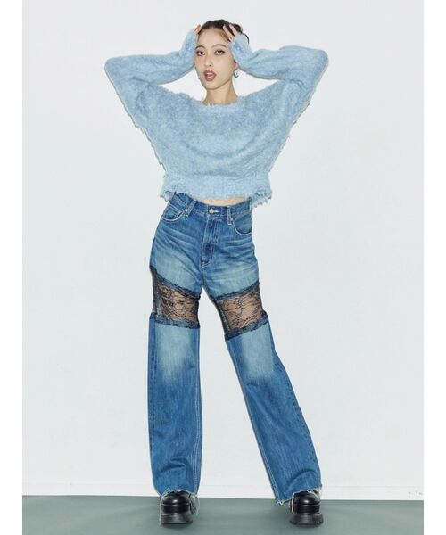 EVRIS(エヴリス)の「レースドッキングワイドデニムパンツ(デニムパンツ・レディース・ブラック/ブルー・MEDIUM/SMALL)」の8枚目の写真