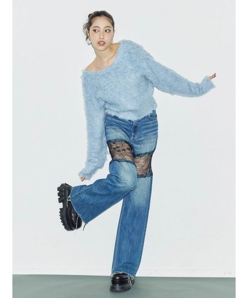 セール】レースドッキングワイドデニムパンツ（デニムパンツ