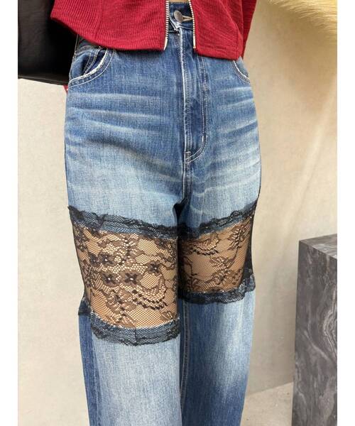 EVRIS（エヴリス）の「レースドッキングワイドデニムパンツ