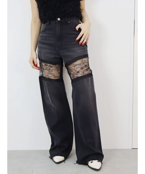 セール】レースドッキングワイドデニムパンツ（デニムパンツ
