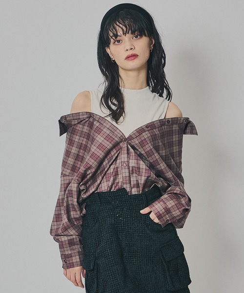 REDYAZEL（レディアゼル）の「マルチウェイオフショルチェックシャツ×タンクトップ（シャツ/ブラウス・レディース・ブラウン/グレー/ネイビー・FREE）」の2枚目の写真