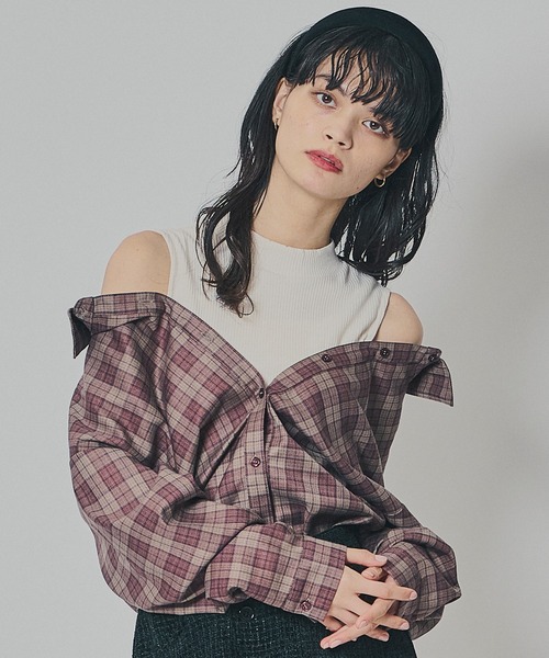 REDYAZEL（レディアゼル）の「マルチウェイオフショルチェックシャツ×タンクトップ（シャツ/ブラウス・レディース・ブラウン/グレー/ネイビー・FREE）」の11枚目の写真