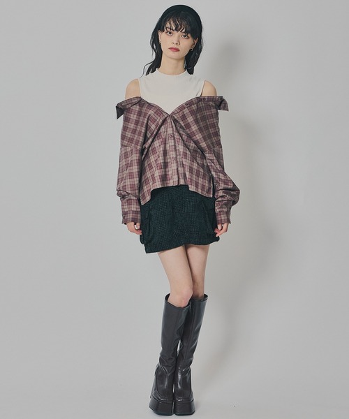 REDYAZEL（レディアゼル）の「マルチウェイオフショルチェックシャツ×タンクトップ（シャツ/ブラウス・レディース・ブラウン/グレー/ネイビー・FREE）」の12枚目の写真