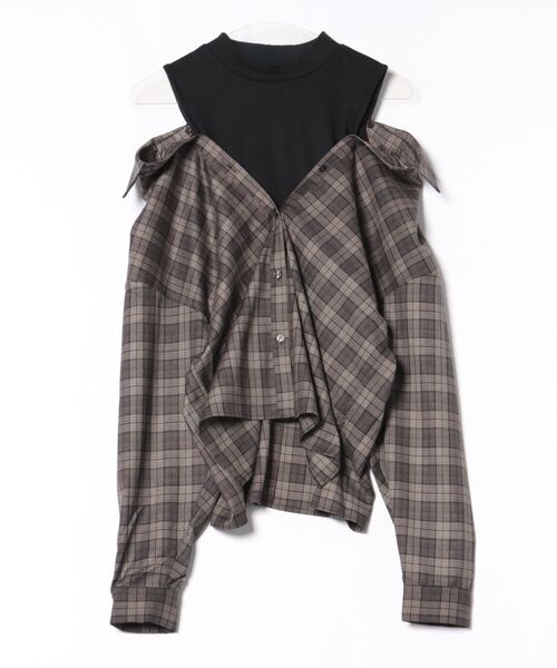 REDYAZEL（レディアゼル）の「マルチウェイオフショルチェックシャツ×タンクトップ（シャツ/ブラウス・レディース・ブラウン/グレー/ネイビー・FREE）」の6枚目の写真