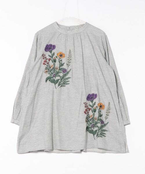 SUPER HAKKA（スーパーハッカ）の「コットンビエラ先染めシャンブレービッグポピーブーケ刺繍チュニックブラウス（シャツ/ブラウス・レディース・杢グレー/ブラウン・FREE）」の2枚目の写真