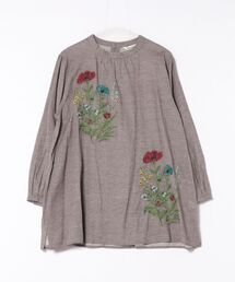 SUPER HAKKA | コットンビエラ先染めシャンブレービッグポピーブーケ刺繍チュニックブラウス(シャツ/ブラウス)
