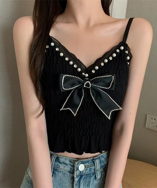 nonomi（ノノミ）の「パール×レース Vネック シャーリングキャミソール（キャミソール・レディース・ホワイト/ブラック・L/M）」の2枚目の写真