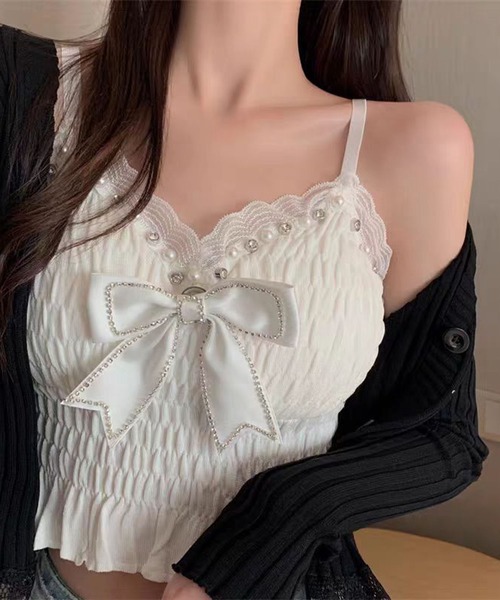 nonomi（ノノミ）の「パール×レース Vネック シャーリングキャミソール（キャミソール・レディース・ホワイト/ブラック・L/M）」の5枚目の写真