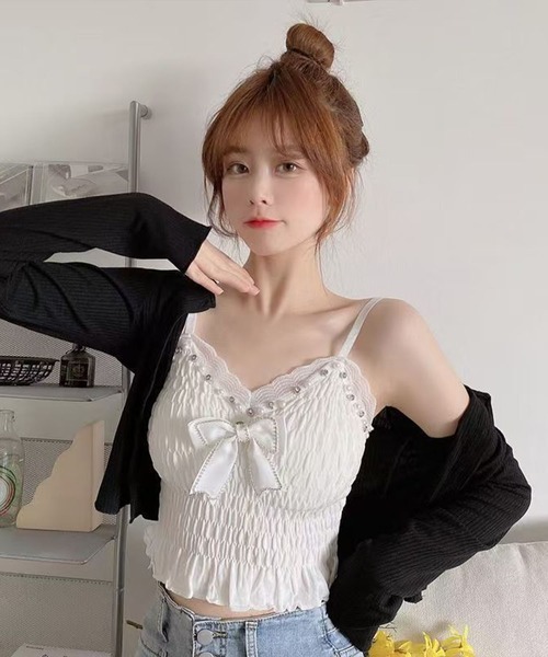 nonomi（ノノミ）の「パール×レース Vネック シャーリングキャミソール（キャミソール・レディース・ホワイト/ブラック・L/M）」の6枚目の写真