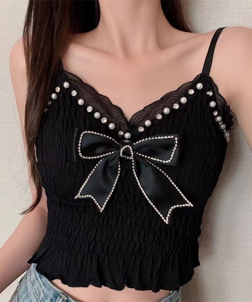 nonomi（ノノミ）の「パール×レース Vネック シャーリングキャミソール（キャミソール・レディース・ホワイト/ブラック・L/M）」の8枚目の写真