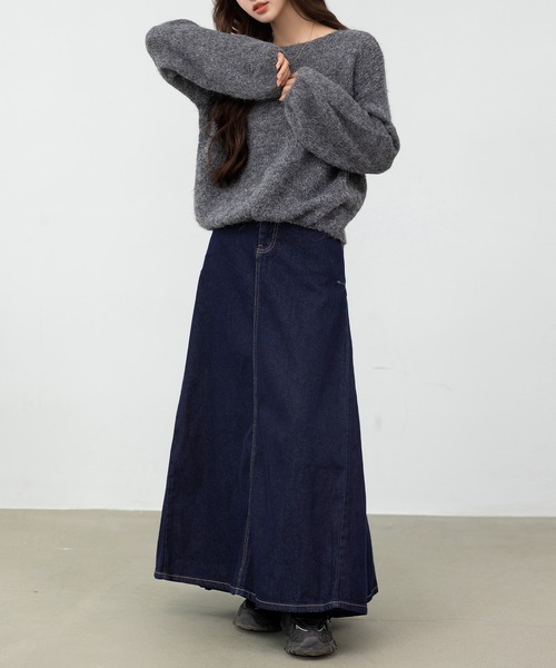 DAY CLOSET(デイ クローゼット)の「【バックゴム有】揺れ感メイクサイドプリーツ。Aラインロングデニムスカート(デニムスカート・レディース・ブルー/インディゴブルー/ネイビー/ブラック・L/M)」の18枚目の写真