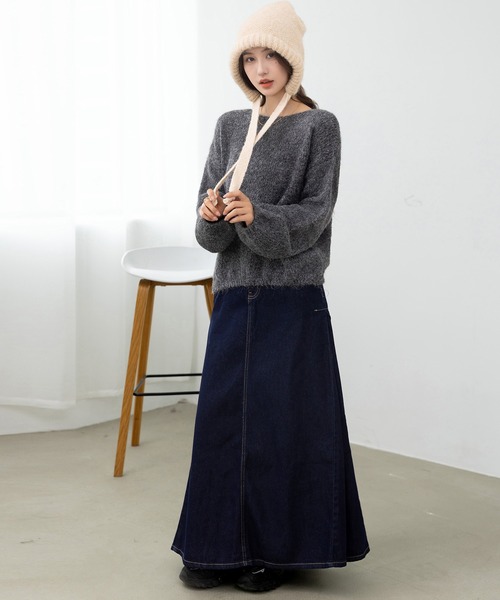 DAY CLOSET(デイ クローゼット)の「【バックゴム有】揺れ感メイクサイドプリーツ。Aラインロングデニムスカート(デニムスカート・レディース・ブルー/インディゴブルー/ネイビー/ブラック・L/M)」の19枚目の写真