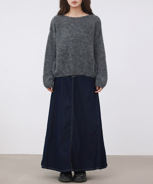DAY CLOSET(デイ クローゼット)の「【バックゴム有】揺れ感メイクサイドプリーツ。Aラインロングデニムスカート(デニムスカート・レディース・ブルー/インディゴブルー/ネイビー/ブラック・L/M)」の10枚目の写真
