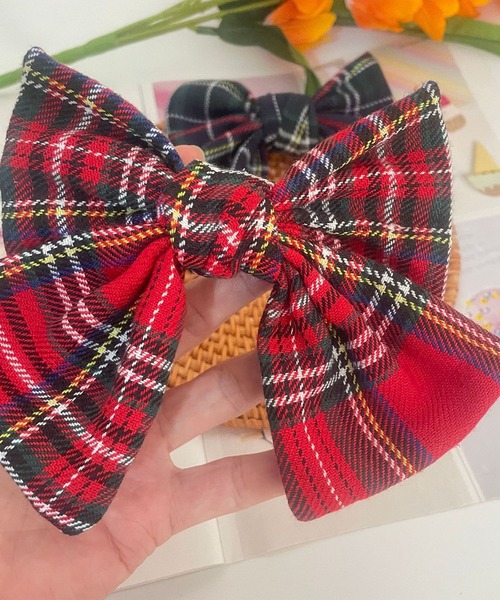 セール】11D2-TJ チェック柄 ビッグリボンバレッタ ヘアクリップ