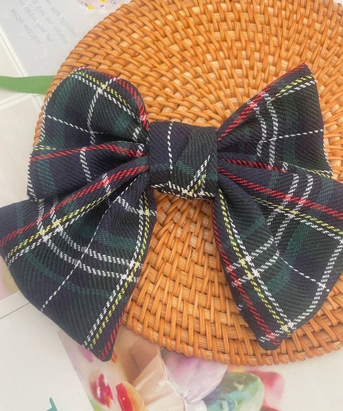 セール】11D2-TJ チェック柄 ビッグリボンバレッタ ヘアクリップ