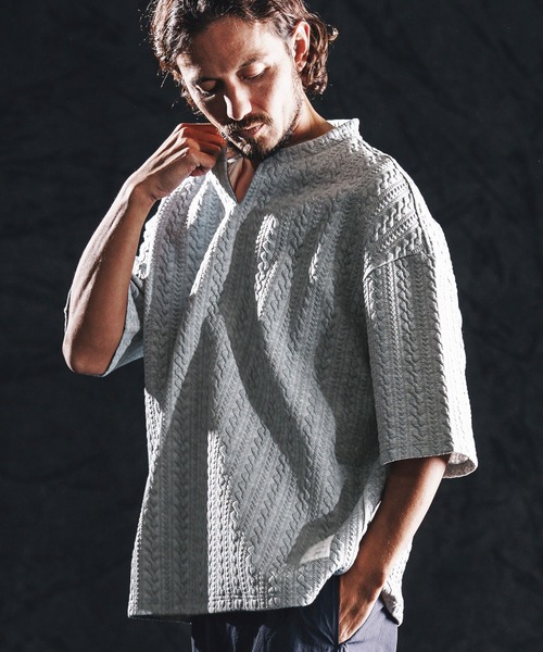 wjk reluxe(ダブルジェーケーリラックス)の「mt10163-cable knit jacquard key neck SS pullover キーネックプルオーバー(WR26S-13)(Tシャツ/カットソー・メンズ・ブラック/トップグレー/ホワイト・M/S/L)」の3枚目の写真