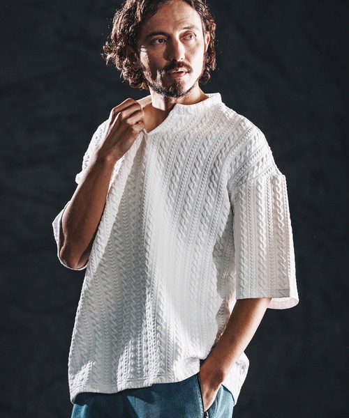 wjk reluxe(ダブルジェーケーリラックス)の「mt10163-cable knit jacquard key neck SS pullover キーネックプルオーバー(WR26S-13)(Tシャツ/カットソー・メンズ・ブラック/トップグレー/ホワイト・M/S/L)」の9枚目の写真