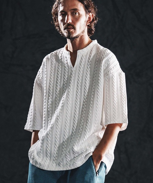 wjk reluxe(ダブルジェーケーリラックス)の「mt10163-cable knit jacquard key neck SS pullover キーネックプルオーバー(WR26S-13)(Tシャツ/カットソー・メンズ・ブラック/トップグレー/ホワイト・M/S/L)」の10枚目の写真