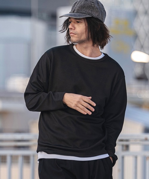 CAMBIO(カンビオ)の「mlt5563- ハニカムワッフルライクジャガード編みCNロンT(CA02-61208)(Tシャツ/カットソー・メンズ・ブラック/グレー/オフホワイト・M/L/XL)」の1枚目の写真