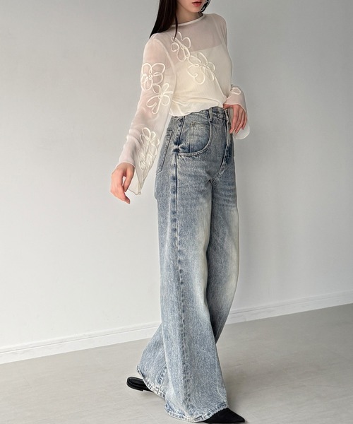 junoah（ジュノア）の「シアーフレアスリーブフラワーコード刺繍トップス（Tシャツ/カットソー・レディース・チャコール/アイボリー/ブラック・LARGE/MEDIUM/SMALL）」の14枚目の写真