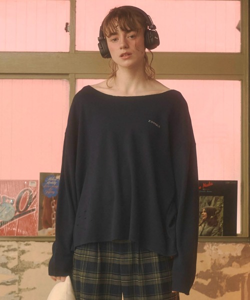 Zooodle(ズードル)の「Damage waffle long sleeve tee - ダメージワッフルロンT -(Tシャツ/カットソー・メンズ・ネイビー/ベージュ・MEDIUM/LARGE)」の1枚目の写真