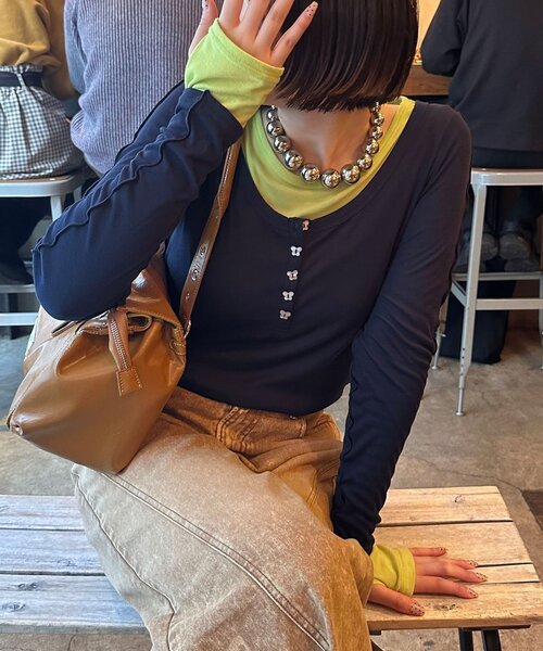 CIAOPANIC（チャオパニック）の「2点SETストレッチシアーレイヤードトップス（Tシャツ/カットソー・レディース・ブラウン/グレー/ネイビー・ONE SIZE）」の3枚目の写真