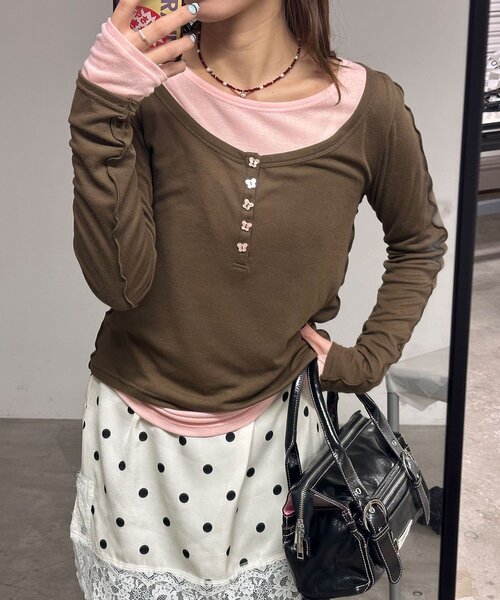 CIAOPANIC（チャオパニック）の「2点SETストレッチシアーレイヤードトップス（Tシャツ/カットソー・レディース・ブラウン/グレー/ネイビー・ONE SIZE）」の2枚目の写真