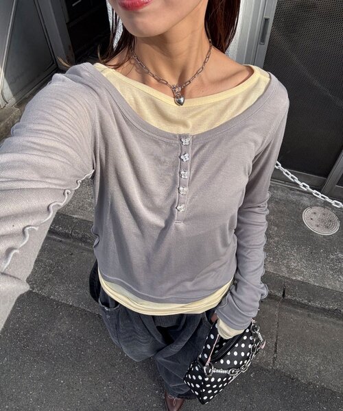 CIAOPANIC（チャオパニック）の「2点SETストレッチシアーレイヤードトップス（Tシャツ/カットソー・レディース・ブラウン/グレー/ネイビー・ONE SIZE）」の4枚目の写真