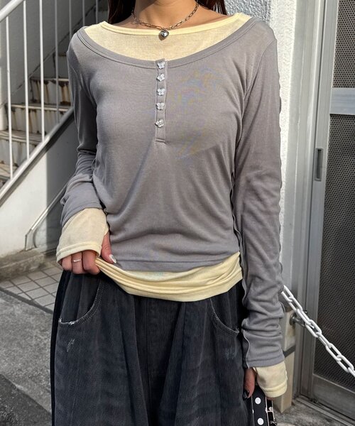 CIAOPANIC（チャオパニック）の「2点SETストレッチシアーレイヤードトップス（Tシャツ/カットソー・レディース・ブラウン/グレー/ネイビー・ONE SIZE）」の6枚目の写真