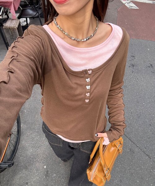 CIAOPANIC（チャオパニック）の「2点SETストレッチシアーレイヤードトップス（Tシャツ/カットソー・レディース・ブラウン/グレー/ネイビー・ONE SIZE）」の12枚目の写真