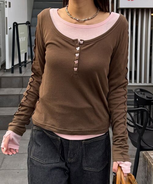 CIAOPANIC（チャオパニック）の「2点SETストレッチシアーレイヤードトップス（Tシャツ/カットソー・レディース・ブラウン/グレー/ネイビー・ONE SIZE）」の13枚目の写真