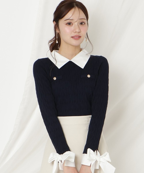 WILLSELECTION(ウィルセレクション)の「リボンカフスドッキングケーブルニット(ニット/セーター・レディース・ネイビー/ミント/グレー/オフホワイト・FREE)」の4枚目の写真