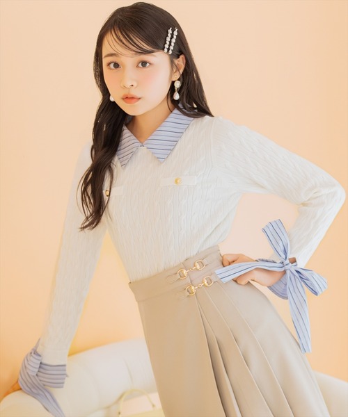 WILLSELECTION(ウィルセレクション)の「リボンカフスドッキングケーブルニット(ニット/セーター・レディース・ネイビー/ミント/グレー/オフホワイト・FREE)」の1枚目の写真