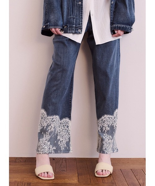 COEL（コエル）の「レースコンビデニムワイドパンツ（デニムパンツ・レディース・ブルー/ブラック・38/36）」の3枚目の写真