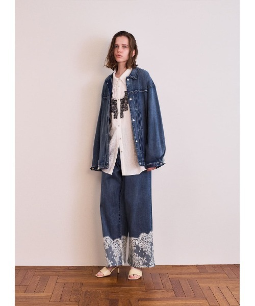 COEL（コエル）の「レースコンビデニムワイドパンツ（デニムパンツ・レディース・ブルー/ブラック・38/36）」の4枚目の写真