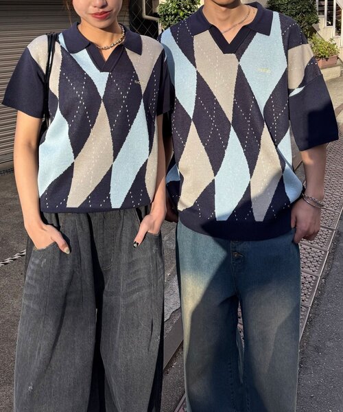 CIAOPANIC（チャオパニック）の「アーガイルスキッパーサマーニットポロシャツ（ポロシャツ・レディース・ブラック/イエロー/オレンジ/ネイビー・SMALL/MEDIUM/LARGE）」の3枚目の写真