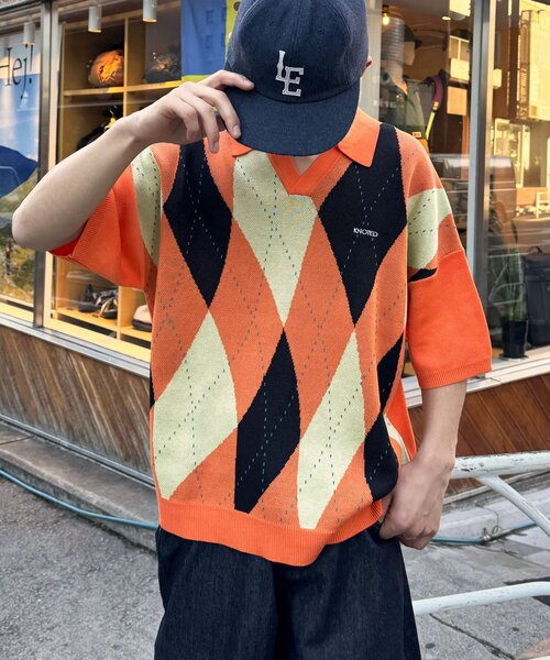 CIAOPANIC（チャオパニック）の「アーガイルスキッパーサマーニットポロシャツ（ポロシャツ・レディース・ブラック/イエロー/オレンジ/ネイビー・SMALL/MEDIUM/LARGE）」の4枚目の写真