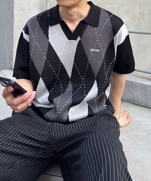 CIAOPANIC（チャオパニック）の「アーガイルスキッパーサマーニットポロシャツ（ポロシャツ・レディース・ブラック/イエロー/オレンジ/ネイビー・SMALL/MEDIUM/LARGE）」の2枚目の写真