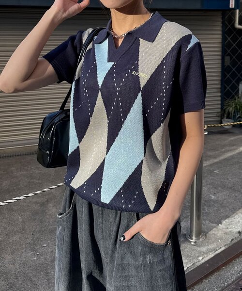 CIAOPANIC（チャオパニック）の「アーガイルスキッパーサマーニットポロシャツ（ポロシャツ・レディース・ブラック/イエロー/オレンジ/ネイビー・SMALL/MEDIUM/LARGE）」の12枚目の写真