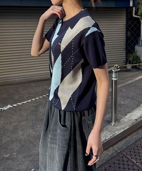 CIAOPANIC（チャオパニック）の「アーガイルスキッパーサマーニットポロシャツ（ポロシャツ・レディース・ブラック/イエロー/オレンジ/ネイビー・SMALL/MEDIUM/LARGE）」の13枚目の写真