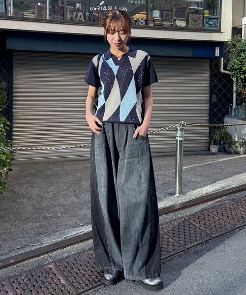 CIAOPANIC（チャオパニック）の「アーガイルスキッパーサマーニットポロシャツ（ポロシャツ・レディース・ブラック/イエロー/オレンジ/ネイビー・SMALL/MEDIUM/LARGE）」の15枚目の写真