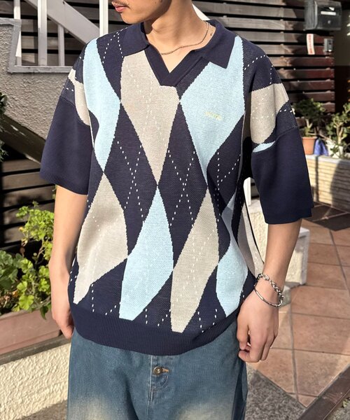 CIAOPANIC（チャオパニック）の「アーガイルスキッパーサマーニットポロシャツ（ポロシャツ・レディース・ブラック/イエロー/オレンジ/ネイビー・SMALL/MEDIUM/LARGE）」の19枚目の写真